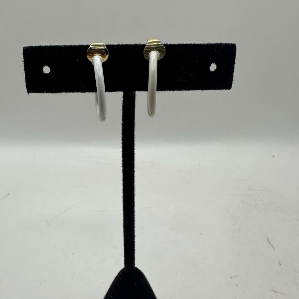 Lewis Segal Gold Clip-On Hoop Earrings White Enamel Accent Vintage Style